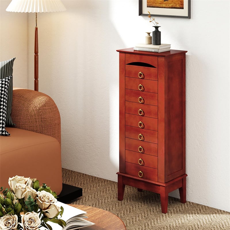 Large Standing Jewelry Armoire Cabinet Wooden Storage Chest with 9 Drawers, 2 Side Doors, 8 Hooks, Top Flip Mirror & Organizer