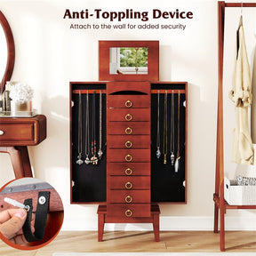 Large Standing Jewelry Armoire Cabinet Wooden Storage Chest with 9 Drawers, 2 Side Doors, 8 Hooks, Top Flip Mirror & Organizer