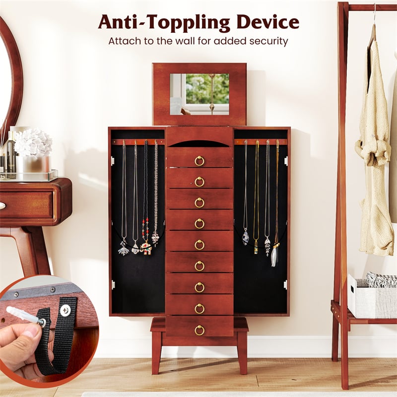 Large Standing Jewelry Armoire Cabinet Wooden Storage Chest with 9 Drawers, 2 Side Doors, 8 Hooks, Top Flip Mirror & Organizer