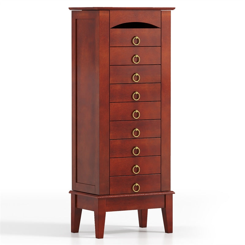 Large Standing Jewelry Armoire Cabinet Wooden Storage Chest with 9 Drawers, 2 Side Doors, 8 Hooks, Top Flip Mirror & Organizer