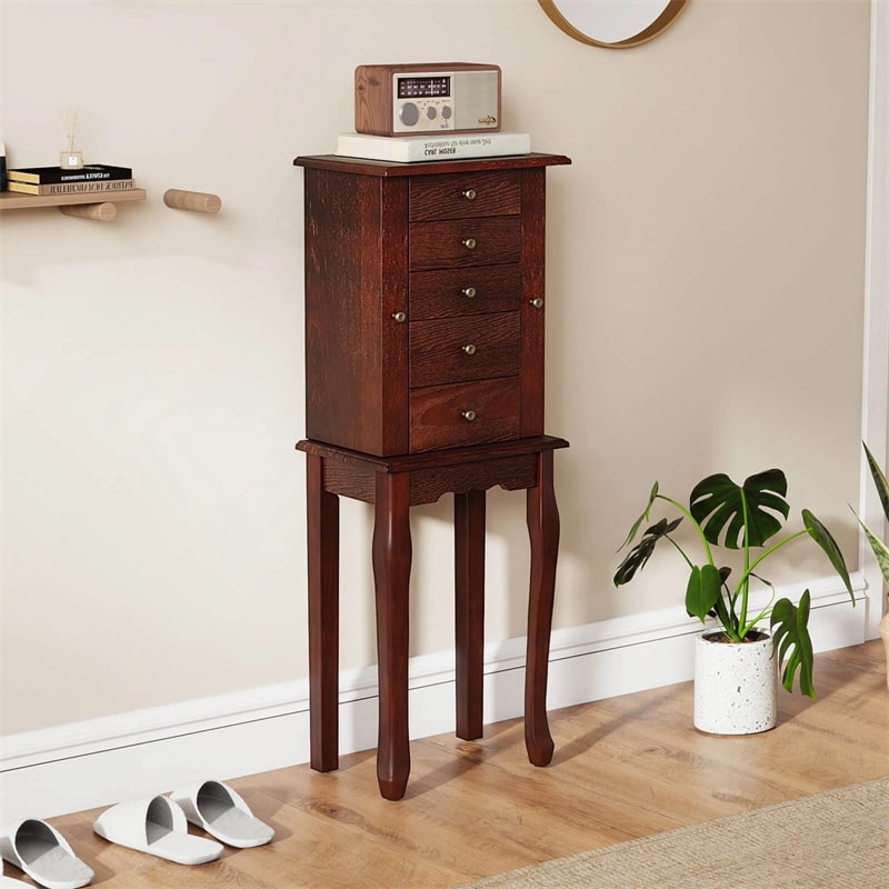 Standing Jewelry Armoire Cabinet with Flip Top Mirror, 4 Drawers, 8 Necklace Hooks & 2 Side Doors, Jewelry Storage Organizer Chest for Bedroom