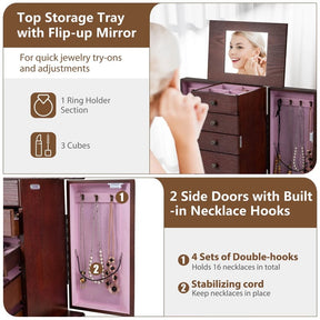Standing Jewelry Armoire Cabinet with Flip Top Mirror, 4 Drawers, 8 Necklace Hooks & 2 Side Doors, Jewelry Storage Organizer Chest for Bedroom