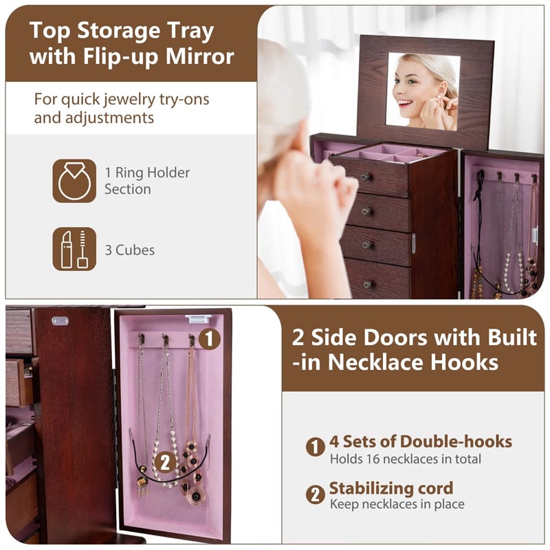 Standing Jewelry Armoire Cabinet with Flip Top Mirror, 4 Drawers, 8 Necklace Hooks & 2 Side Doors, Jewelry Storage Organizer Chest for Bedroom