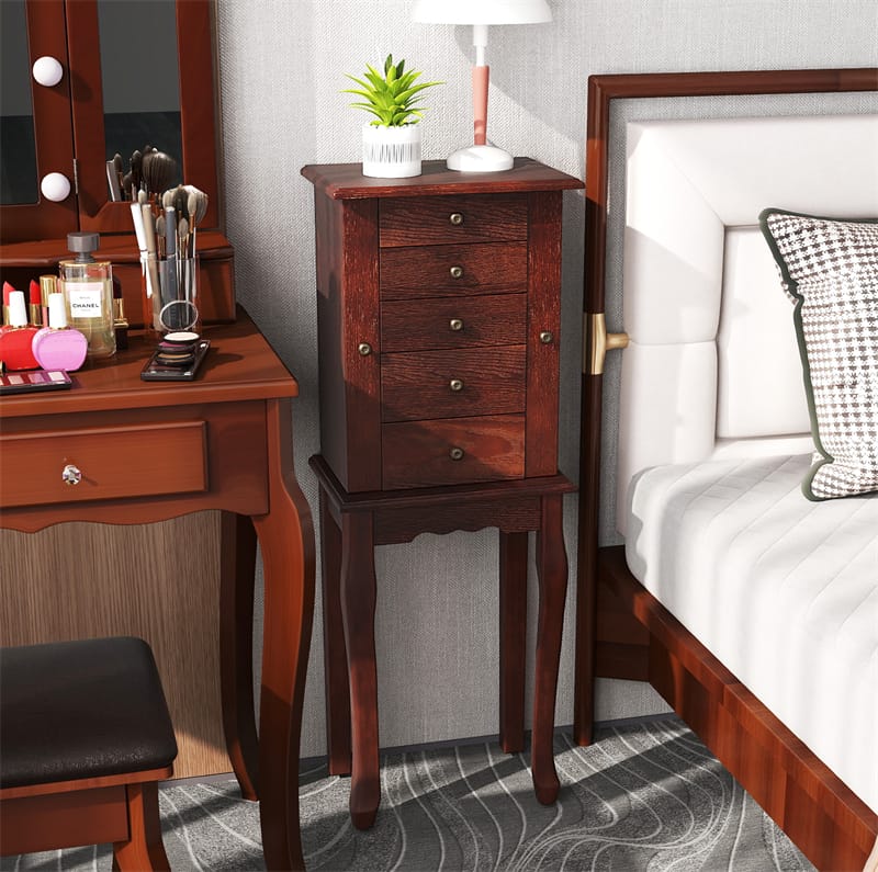 Standing Jewelry Armoire Cabinet with Flip Top Mirror, 4 Drawers, 8 Necklace Hooks & 2 Side Doors, Jewelry Storage Organizer Chest for Bedroom