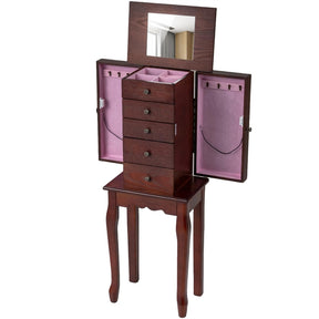 Standing Jewelry Armoire Cabinet with Flip Top Mirror, 4 Drawers, 8 Necklace Hooks & 2 Side Doors, Jewelry Storage Organizer Chest for Bedroom