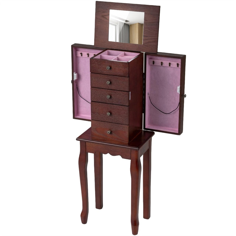 Standing Jewelry Armoire Cabinet with Flip Top Mirror, 4 Drawers, 8 Necklace Hooks & 2 Side Doors, Jewelry Storage Organizer Chest for Bedroom
