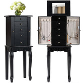 Standing Jewelry Armoire Cabinet with Flip Top Mirror, 4 Drawers, 8 Necklace Hooks & 2 Side Doors, Jewelry Storage Organizer Chest for Bedroom