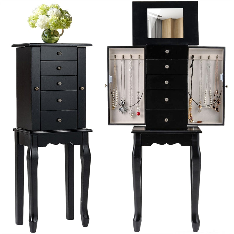 Standing Jewelry Armoire Cabinet with Flip Top Mirror, 4 Drawers, 8 Necklace Hooks & 2 Side Doors, Jewelry Storage Organizer Chest for Bedroom