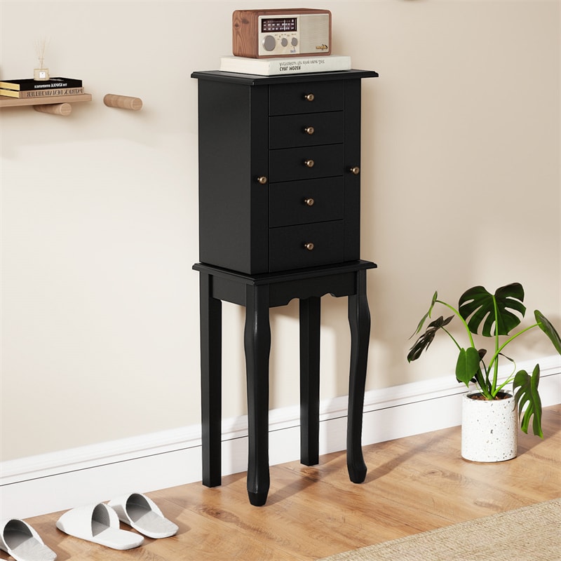 Standing Jewelry Armoire Cabinet with Flip Top Mirror, 4 Drawers, 8 Necklace Hooks & 2 Side Doors, Jewelry Storage Organizer Chest for Bedroom