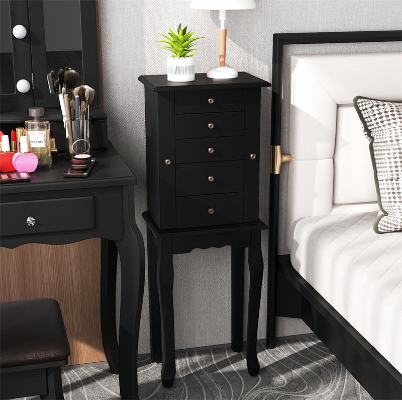 Standing Jewelry Armoire Cabinet with Flip Top Mirror, 4 Drawers, 8 Necklace Hooks & 2 Side Doors, Jewelry Storage Organizer Chest for Bedroom