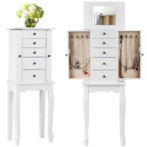 Standing Jewelry Armoire Cabinet with Flip Top Mirror, 4 Drawers, 8 Necklace Hooks & 2 Side Doors, Jewelry Storage Organizer Chest for Bedroom