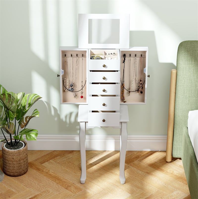 Standing Jewelry Armoire Cabinet with Flip Top Mirror, 4 Drawers, 8 Necklace Hooks & 2 Side Doors, Jewelry Storage Organizer Chest for Bedroom