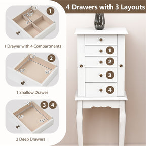 Standing Jewelry Armoire Cabinet with Flip Top Mirror, 4 Drawers, 8 Necklace Hooks & 2 Side Doors, Jewelry Storage Organizer Chest for Bedroom