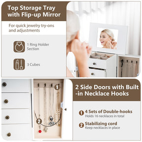 Standing Jewelry Armoire Cabinet with Flip Top Mirror, 4 Drawers, 8 Necklace Hooks & 2 Side Doors, Jewelry Storage Organizer Chest for Bedroom