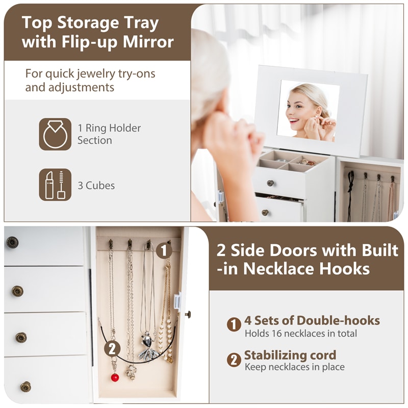 Standing Jewelry Armoire Cabinet with Flip Top Mirror, 4 Drawers, 8 Necklace Hooks & 2 Side Doors, Jewelry Storage Organizer Chest for Bedroom