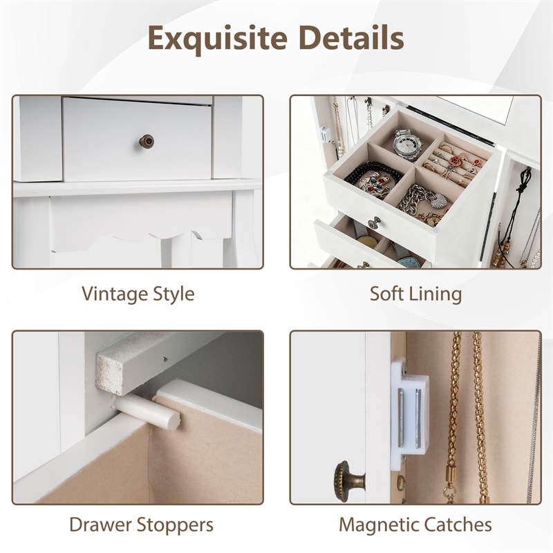 Standing Jewelry Armoire Cabinet with Flip Top Mirror, 4 Drawers, 8 Necklace Hooks & 2 Side Doors, Jewelry Storage Organizer Chest for Bedroom