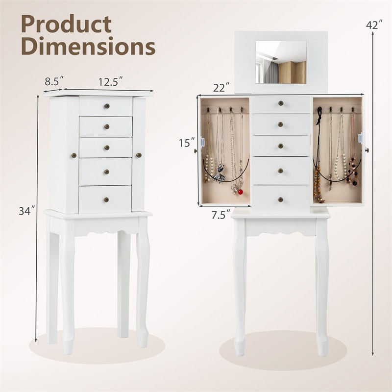 Standing Jewelry Armoire Cabinet with Flip Top Mirror, 4 Drawers, 8 Necklace Hooks & 2 Side Doors, Jewelry Storage Organizer Chest for Bedroom