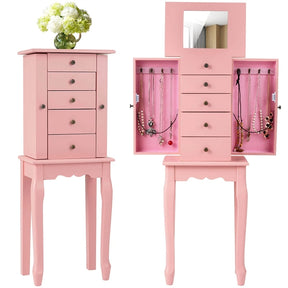 Standing Jewelry Armoire Cabinet with Flip Top Mirror, 4 Drawers, 8 Necklace Hooks & 2 Side Doors, Jewelry Storage Organizer Chest for Bedroom