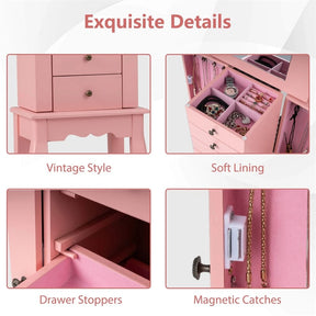 Standing Jewelry Armoire Cabinet with Flip Top Mirror, 4 Drawers, 8 Necklace Hooks & 2 Side Doors, Jewelry Storage Organizer Chest for Bedroom