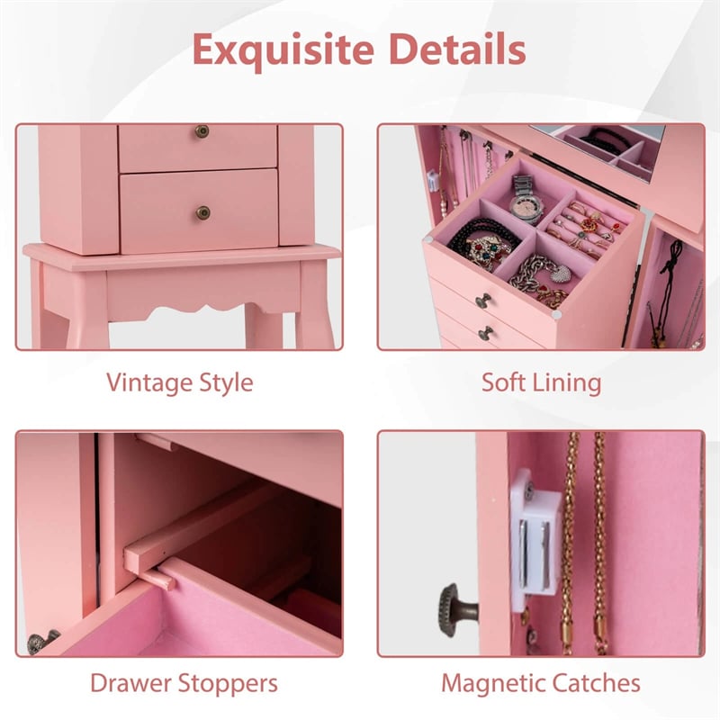 Standing Jewelry Armoire Cabinet with Flip Top Mirror, 4 Drawers, 8 Necklace Hooks & 2 Side Doors, Jewelry Storage Organizer Chest for Bedroom