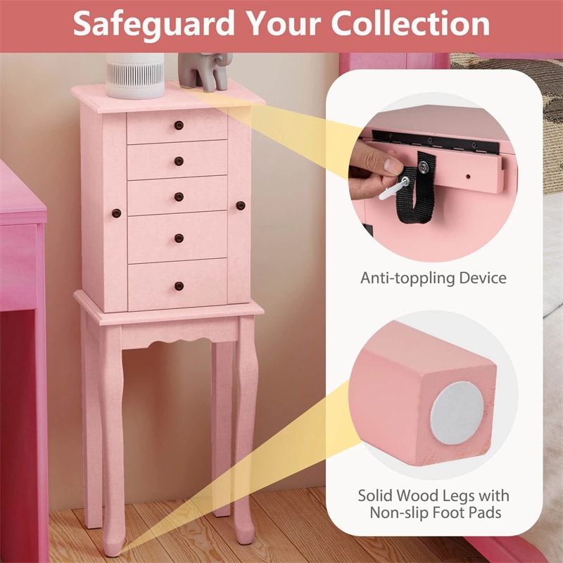 Standing Jewelry Armoire Cabinet with Flip Top Mirror, 4 Drawers, 8 Necklace Hooks & 2 Side Doors, Jewelry Storage Organizer Chest for Bedroom