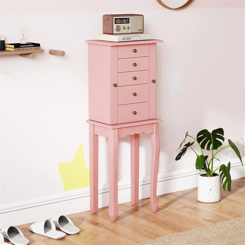 Standing Jewelry Armoire Cabinet with Flip Top Mirror, 4 Drawers, 8 Necklace Hooks & 2 Side Doors, Jewelry Storage Organizer Chest for Bedroom