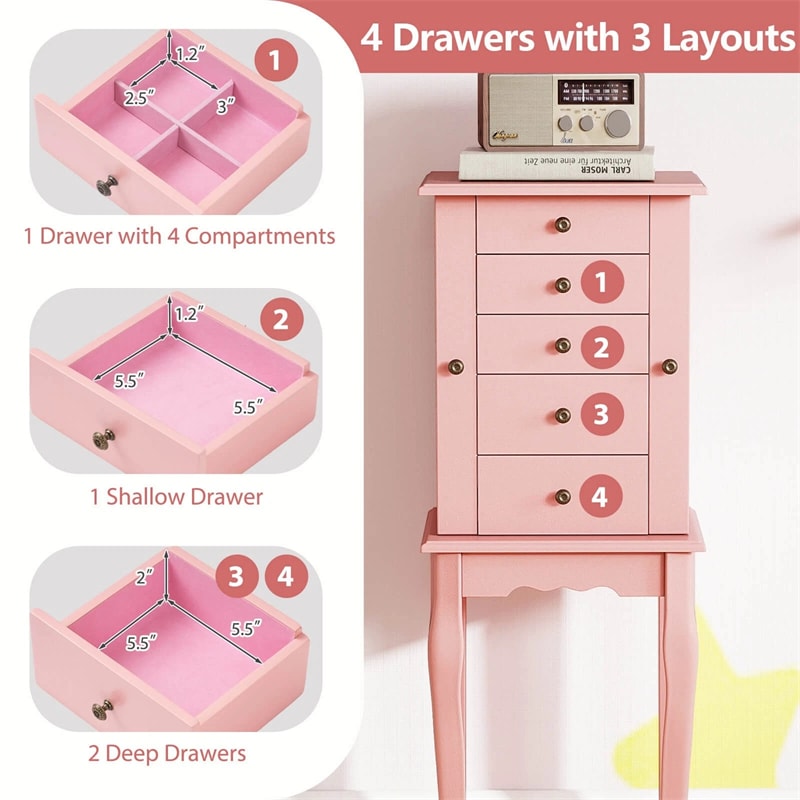 Standing Jewelry Armoire Cabinet with Flip Top Mirror, 4 Drawers, 8 Necklace Hooks & 2 Side Doors, Jewelry Storage Organizer Chest for Bedroom