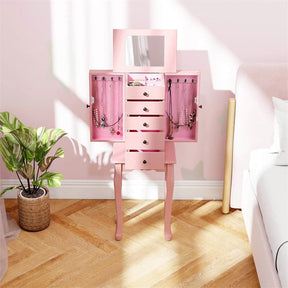 Standing Jewelry Armoire Cabinet with Flip Top Mirror, 4 Drawers, 8 Necklace Hooks & 2 Side Doors, Jewelry Storage Organizer Chest for Bedroom