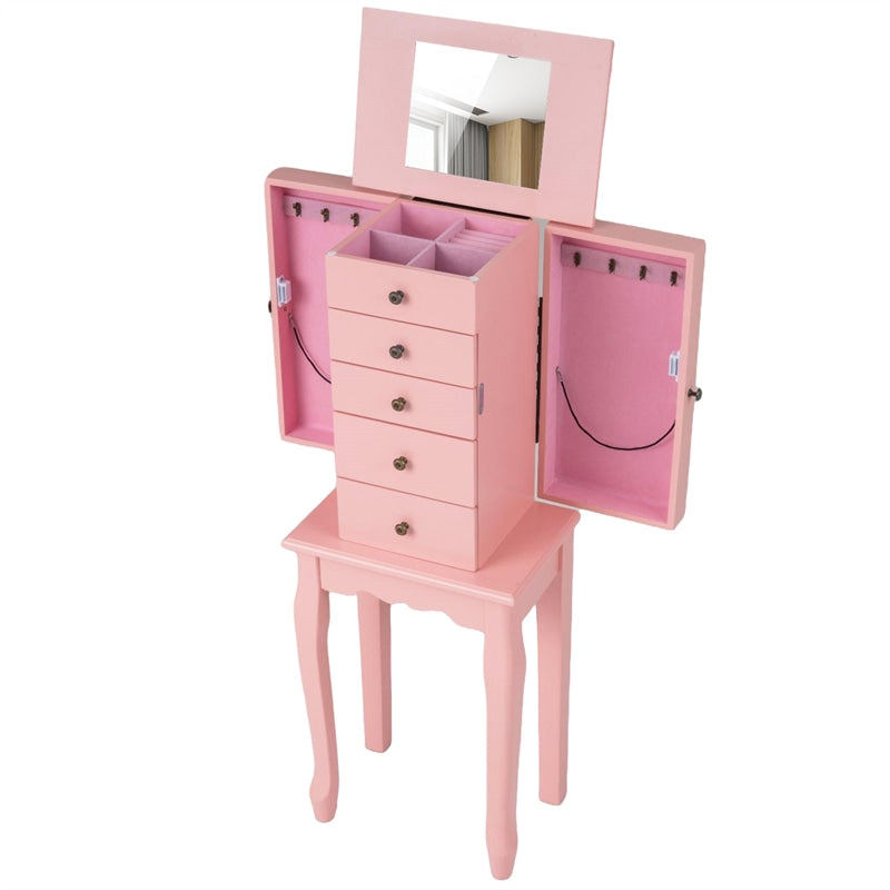 Standing Jewelry Armoire Cabinet with Flip Top Mirror, 4 Drawers, 8 Necklace Hooks & 2 Side Doors, Jewelry Storage Organizer Chest for Bedroom