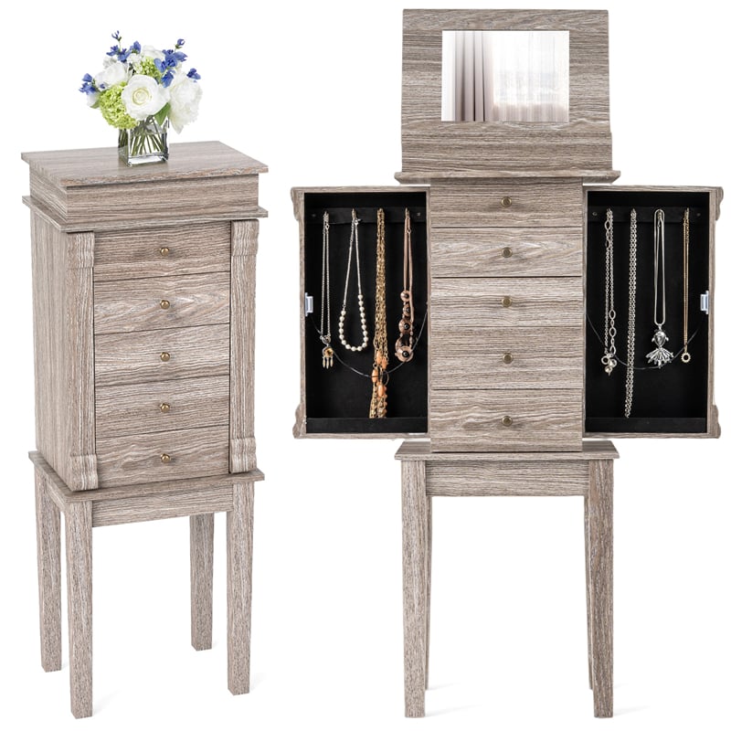 Standing Jewelry Armoire Cabinet with Flip Top Mirror, 5 Drawers & 2 Swing Doors, Velvet Lined Jewelry Storage Organizer for Necklaces Rings