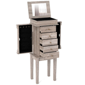 Standing Jewelry Armoire Cabinet with Flip Top Mirror, 5 Drawers & 2 Swing Doors, Velvet Lined Jewelry Storage Organizer for Necklaces Rings