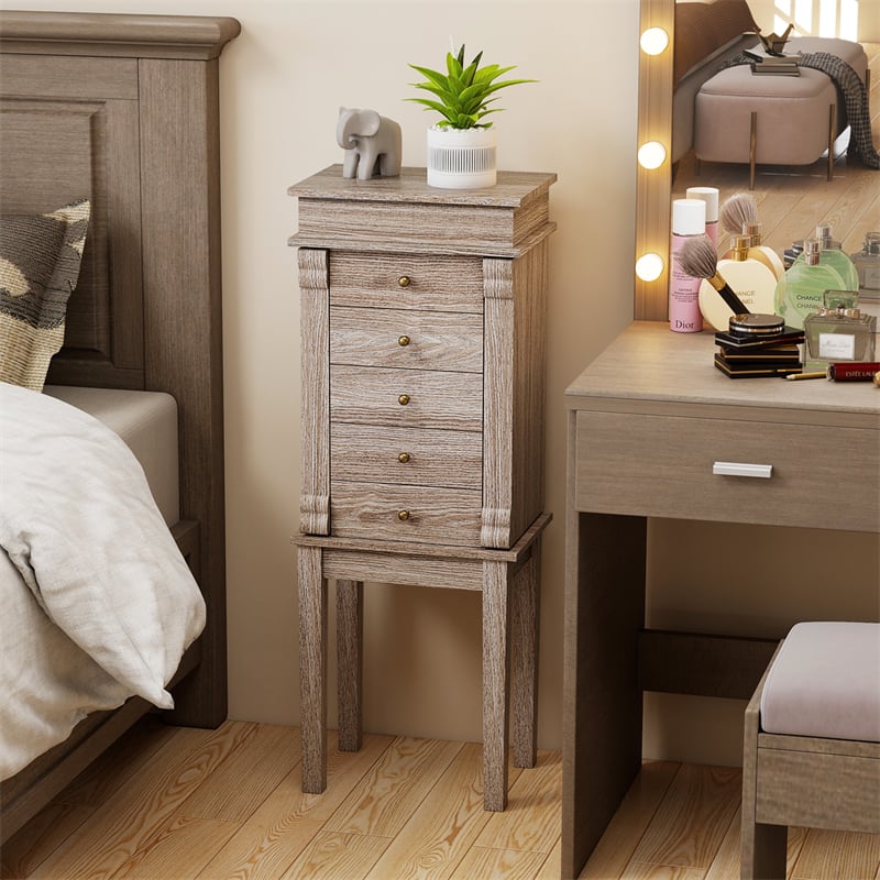 Standing Jewelry Armoire Cabinet with Flip Top Mirror, 5 Drawers & 2 Swing Doors, Velvet Lined Jewelry Storage Organizer for Necklaces Rings