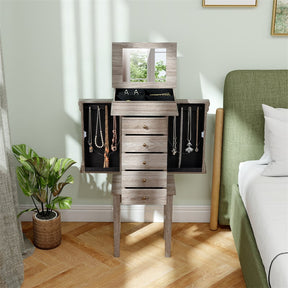 Standing Jewelry Armoire Cabinet with Flip Top Mirror, 5 Drawers & 2 Swing Doors, Velvet Lined Jewelry Storage Organizer for Necklaces Rings