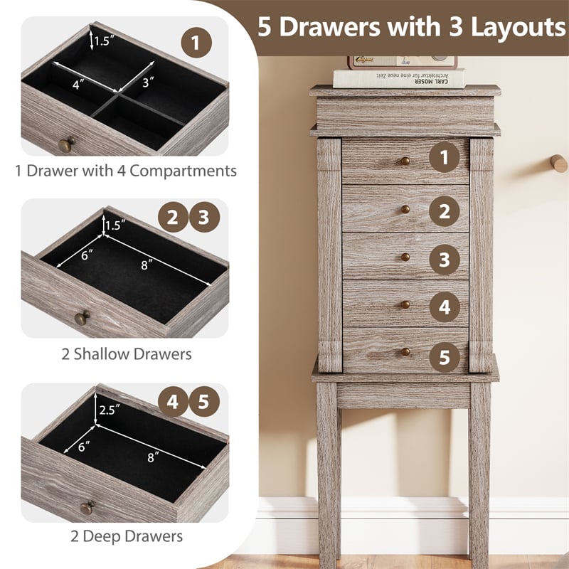 Standing Jewelry Armoire Cabinet with Flip Top Mirror, 5 Drawers & 2 Swing Doors, Velvet Lined Jewelry Storage Organizer for Necklaces Rings