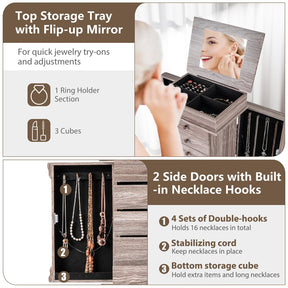 Standing Jewelry Armoire Cabinet with Flip Top Mirror, 5 Drawers & 2 Swing Doors, Velvet Lined Jewelry Storage Organizer for Necklaces Rings