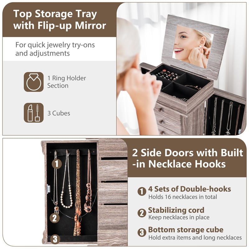 Standing Jewelry Armoire Cabinet with Flip Top Mirror, 5 Drawers & 2 Swing Doors, Velvet Lined Jewelry Storage Organizer for Necklaces Rings