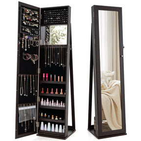 Standing Jewelry Armoire with Full Length Mirror, 2-in-1 Lockable Jewelry Cabinet Organizer Inside Makeup Mirror, Large Storage Capacity