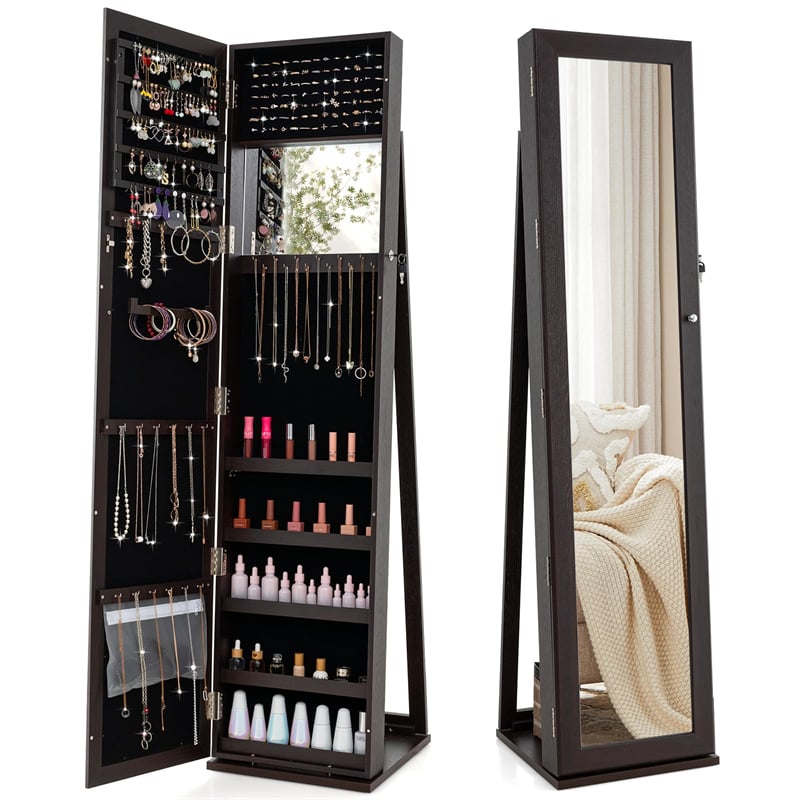 Standing Jewelry Armoire with Full Length Mirror, 2-in-1 Lockable Jewelry Cabinet Organizer Inside Makeup Mirror, Large Storage Capacity