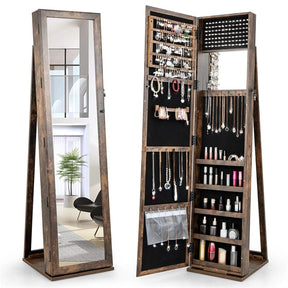 Standing Jewelry Armoire with Full Length Mirror, 2-in-1 Lockable Jewelry Cabinet Organizer Inside Makeup Mirror, Large Storage Capacity