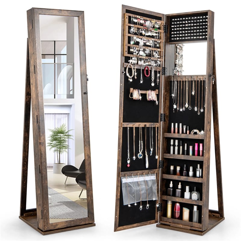 Standing Jewelry Armoire with Full Length Mirror, 2-in-1 Lockable Jewelry Cabinet Organizer Inside Makeup Mirror, Large Storage Capacity