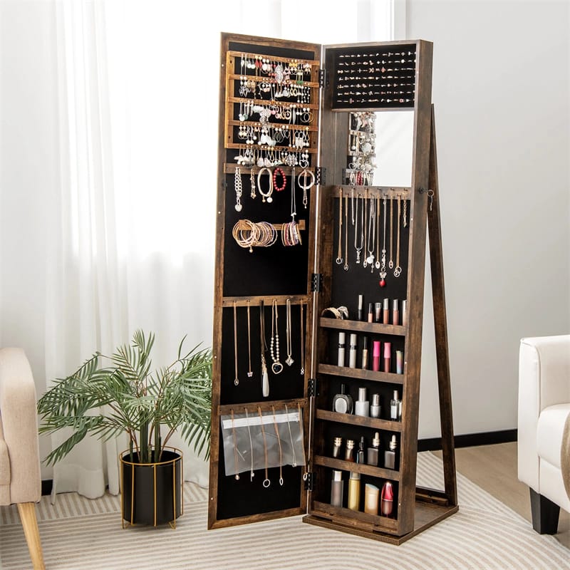 Standing Jewelry Armoire with Full Length Mirror, 2-in-1 Lockable Jewelry Cabinet Organizer Inside Makeup Mirror, Large Storage Capacity