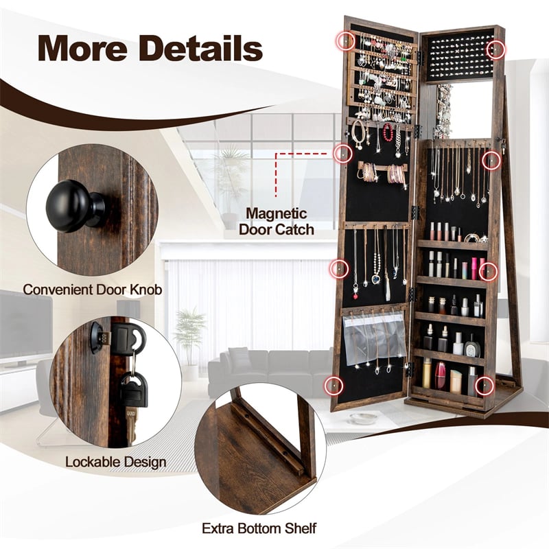 Standing Jewelry Armoire with Full Length Mirror, 2-in-1 Lockable Jewelry Cabinet Organizer Inside Makeup Mirror, Large Storage Capacity
