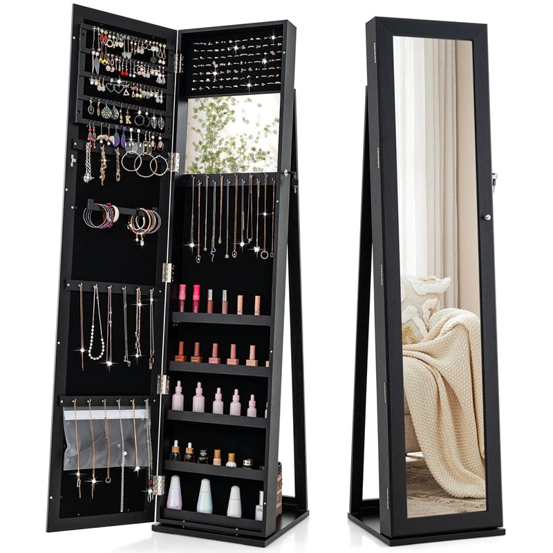 Standing Jewelry Armoire with Full Length Mirror, 2-in-1 Lockable Jewelry Cabinet Organizer Inside Makeup Mirror, Large Storage Capacity