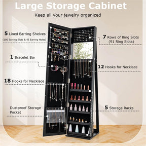 Standing Jewelry Armoire with Full Length Mirror, 2-in-1 Lockable Jewelry Cabinet Organizer Inside Makeup Mirror, Large Storage Capacity