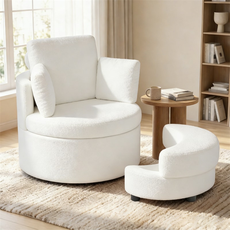 360° Swivel Accent Barrel Chair with Half Moon Storage Ottoman, Teddy Fleece Single Sofa Set with 3 Removable Pillows for Living Room & Bedroom