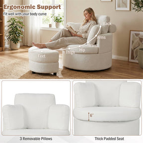 360° Swivel Accent Barrel Chair with Half Moon Storage Ottoman, Teddy Fleece Single Sofa Set with 3 Removable Pillows for Living Room & Bedroom
