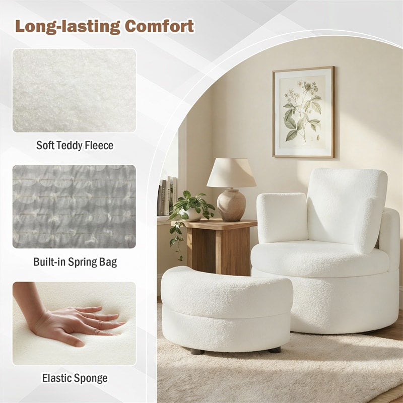 360° Swivel Accent Barrel Chair with Half Moon Storage Ottoman, Teddy Fleece Single Sofa Set with 3 Removable Pillows for Living Room & Bedroom