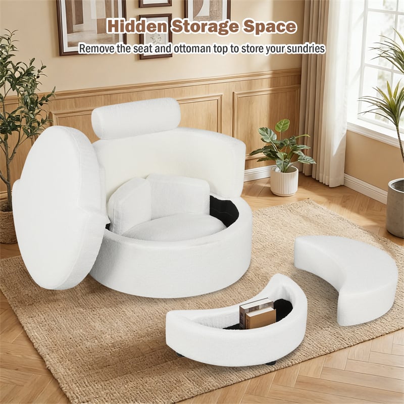 360° Swivel Accent Barrel Chair with Half Moon Storage Ottoman, Teddy Fleece Single Sofa Set with 3 Removable Pillows for Living Room & Bedroom