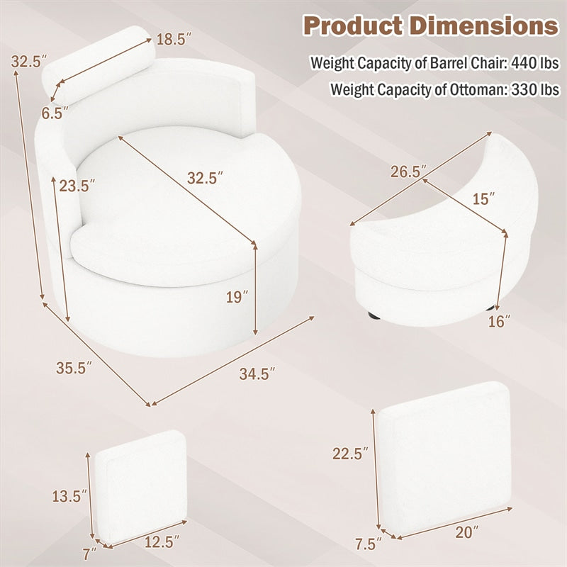 360° Swivel Accent Barrel Chair with Half Moon Storage Ottoman, Teddy Fleece Single Sofa Set with 3 Removable Pillows for Living Room & Bedroom