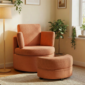 360° Swivel Accent Barrel Chair with Half Moon Storage Ottoman, Teddy Fleece Single Sofa Set with 3 Removable Pillows for Living Room & Bedroom